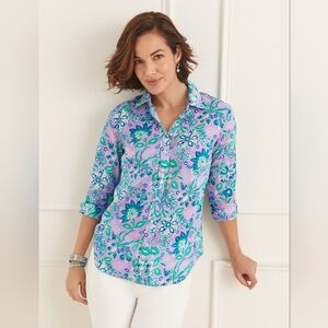 Talbots Button Front Shirt Tropical Floral Size Medium Preppy Purple Blue Cotton